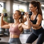 Két nő edz a teremben, személyi edző segít a súlyzók emelésében.