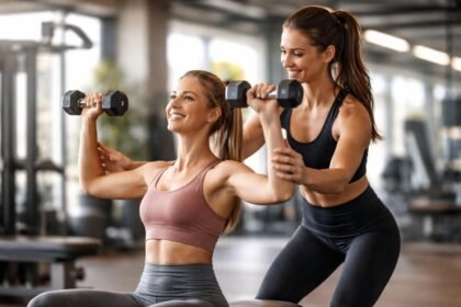 Két nő edz a teremben, személyi edző segít a súlyzók emelésében.