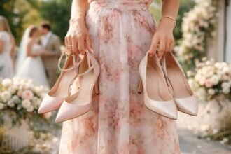 Nő színes cipőket tart a kezében egy esküvői környezetben.