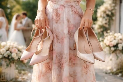 Nő színes cipőket tart a kezében egy esküvői környezetben.