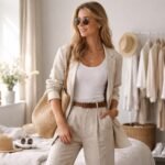 Szépen öltözködő nő minimalista divatban tavaszi napsütésben