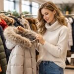 Egy nő téli kabátot próbál egy boltban, ahol különböző színekben kaphatóak.