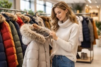 Egy nő téli kabátot próbál egy boltban, ahol különböző színekben kaphatóak.