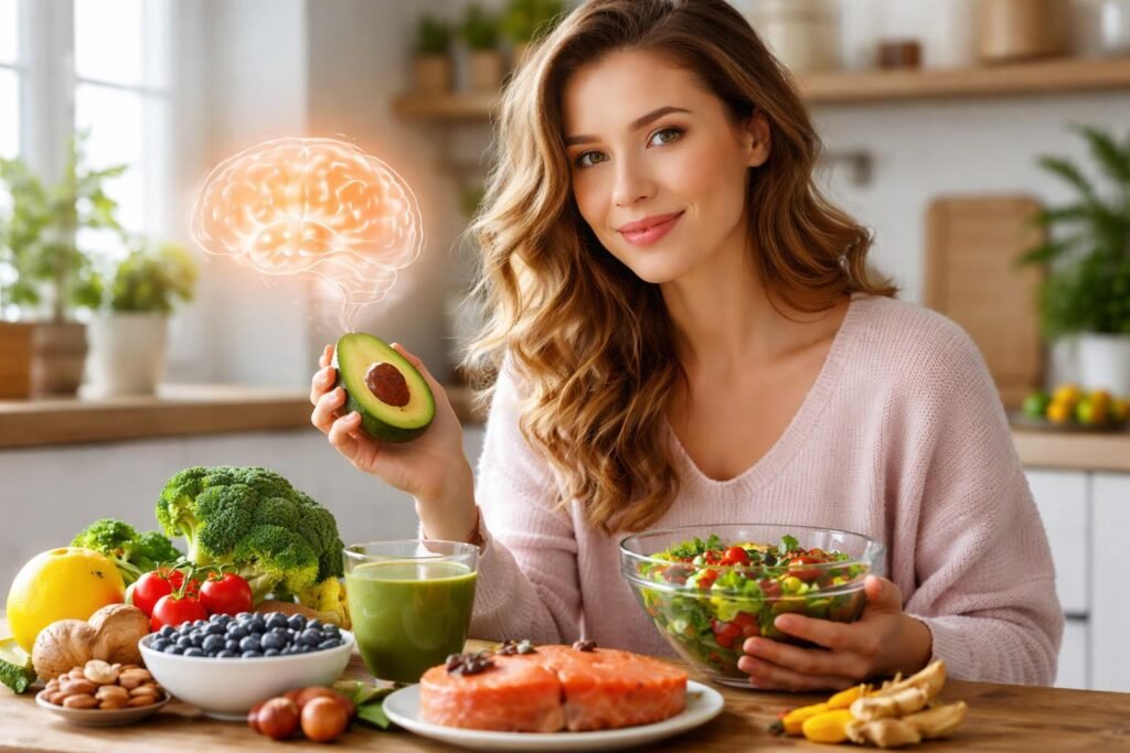 Nő, aki agyserkentő ételeket tart a kezében és mosolyog