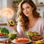 Nő, aki agyserkentő ételeket tart a kezében és mosolyog