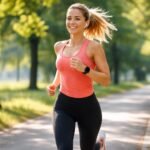 Fiatal nő, aki vidáman fut egy parkos úton.