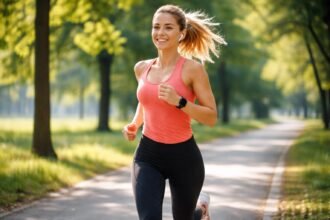 Fiatal nő, aki vidáman fut egy parkos úton.