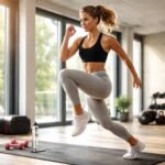 Nő HIIT edzés közben, energikus mozdulattal fitness teremben.