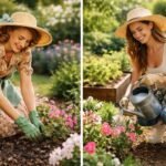 Két női kertész virágokat ültet és öntöz.