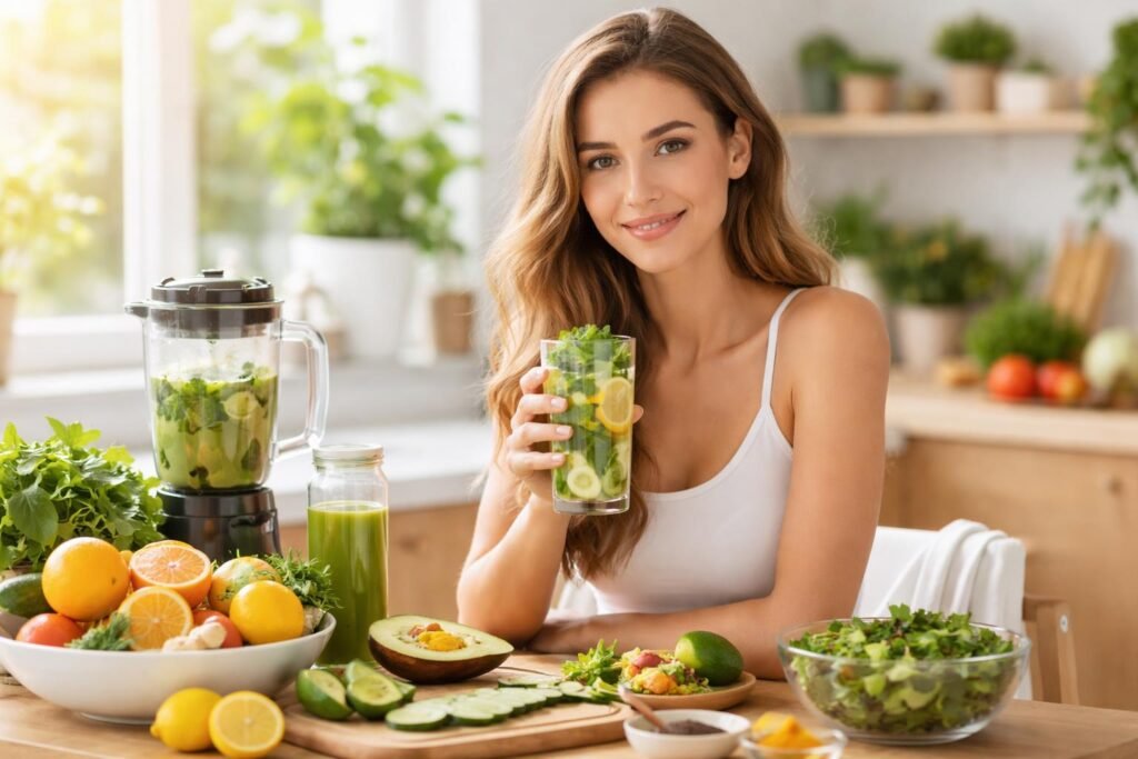 Egészséges nő zöld smoothie-val, friss gyümölcsökkel és zöldségekkel.