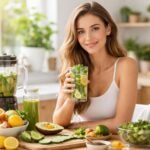 Egészséges nő zöld smoothie-val, friss gyümölcsökkel és zöldségekkel.