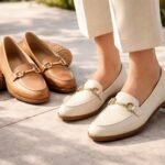 Női mokaszinok modern stílusban, barna és fehér változatokban.