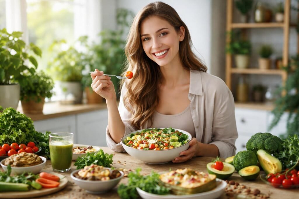Vegetáriánus nő tál friss salátával és zöldségekkel