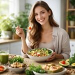 Vegetáriánus nő tál friss salátával és zöldségekkel