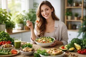 Vegetáriánus nő tál friss salátával és zöldségekkel