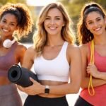 Három nő edzéshez készül, sportos ruhákban, vidáman mosolyognak.