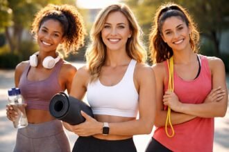 Három nő edzéshez készül, sportos ruhákban, vidáman mosolyognak.