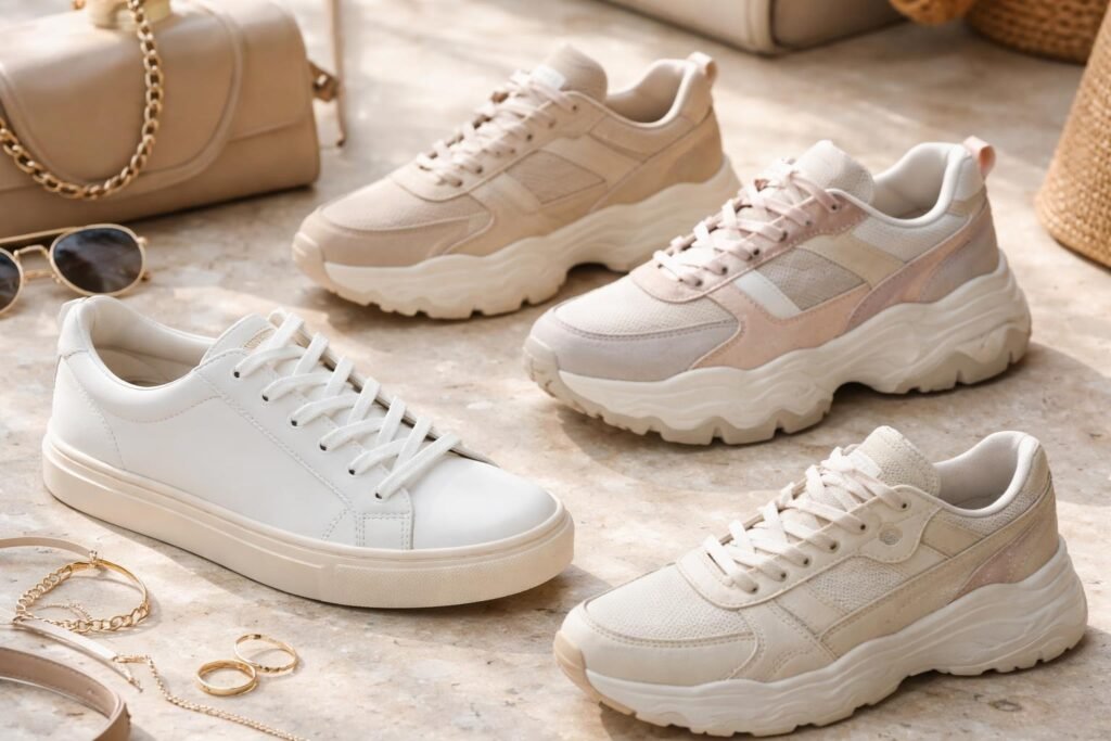Női sneakerek különböző stílusokban, minimalista és robusztus fazonok