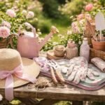 Nőies kerti kiegészítők kalap, kesztyű, öntözőkannával virágok mellett.