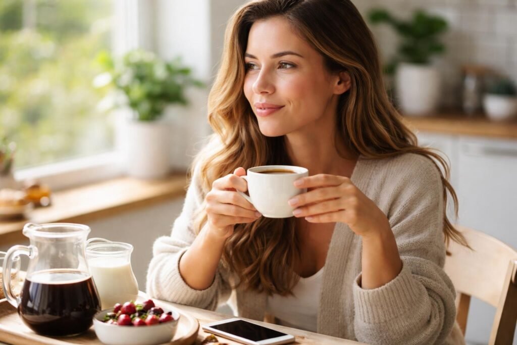 Nő kávéval a kezében reggelizik, egészséges táplálkozás.