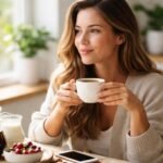Nő kávéval a kezében reggelizik, egészséges táplálkozás.