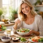 Egy nő egészséges salátát készít friss zöldségekből és gyümölcsökből.