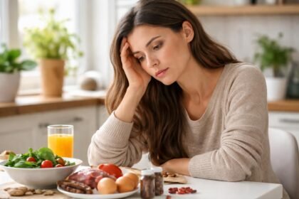 Fáradt nő tápláló ételek mellett, vashiány jelei teszik aggasztóvá.