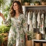 Növények ihlette ruházatot viselő nő természetes környezetben.