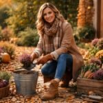 Őszi kertészkedés stílusos öltözetben színes növények mellett