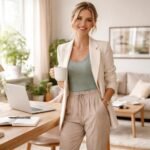 Elegáns nő tavaszi home office szettben, kávéval a kezében