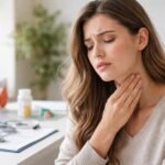 Nő pajzsmirigy problémákkal, orvosi környezetben.