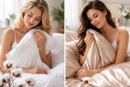 Egy nő pamut és szatén ágyneműkkel, választás előtt áll.