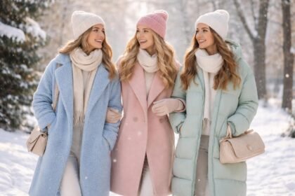 Három nő pasztell színű kabátokban sétál a hóban