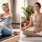 Női fitness: Pilates és jóga gyakorlás közben, különböző mozgásformák bemutatása.