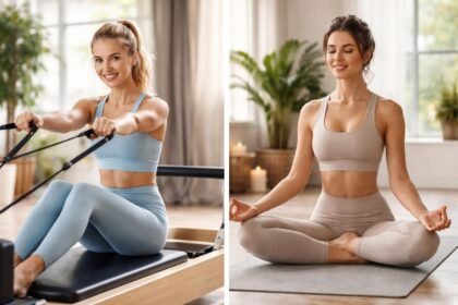 Női fitness: Pilates és jóga gyakorlás közben, különböző mozgásformák bemutatása.