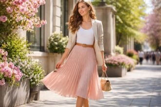 Nő rakott szoknyában a tavaszi utcán virágok között.