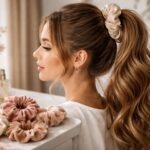 Divatos selyem és bársony scrunchiek egy asztalon.