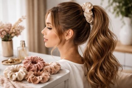 Divatos selyem és bársony scrunchiek egy asztalon.