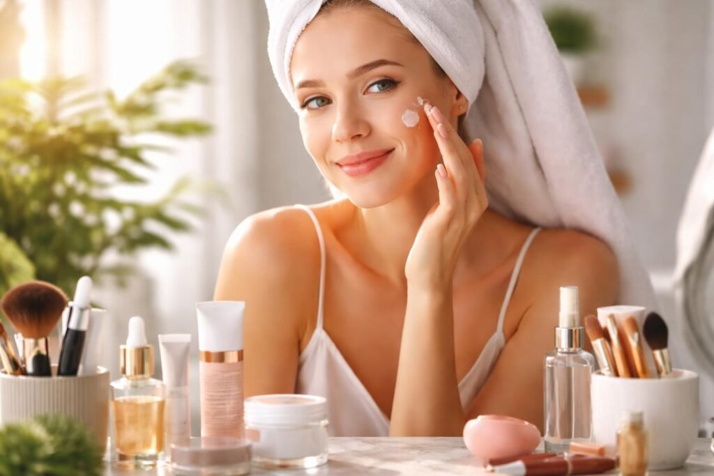 Fiatal nő arcpakolást alkalmaz a bőrápolás során.