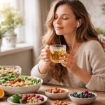 Fiatal nő egészséges ételekkel és tea a stressz kezelésére.