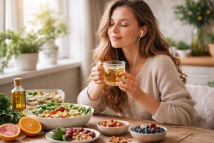 Fiatal nő egészséges ételekkel és tea a stressz kezelésére.