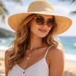 Nő szalmakalapban, napszemüvegben a tengerparton, napvédő stílusban.