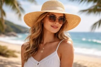 Nő szalmakalapban, napszemüvegben a tengerparton, napvédő stílusban.