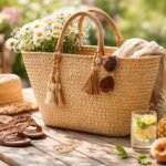 Szalmatáska virágokkal és nyári kiegészítőkkel egy kültéren