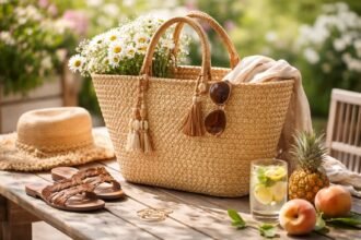 Szalmatáska virágokkal és nyári kiegészítőkkel egy kültéren