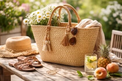 Szalmatáska virágokkal és nyári kiegészítőkkel egy kültéren