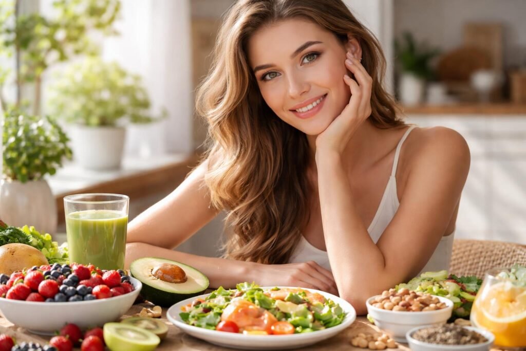 Fiatal nő zöldségekkel és gyümölcsökkel, egészséges étkezés
