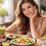 Fiatal nő zöldségekkel és gyümölcsökkel, egészséges étkezés