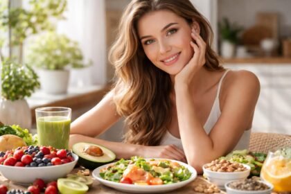 Fiatal nő zöldségekkel és gyümölcsökkel, egészséges étkezés