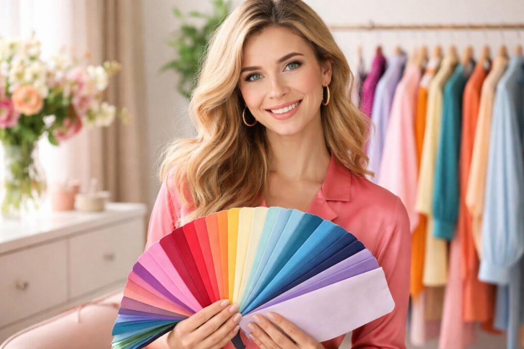 Nő színmintákkal, divat és színtípusok bemutatása